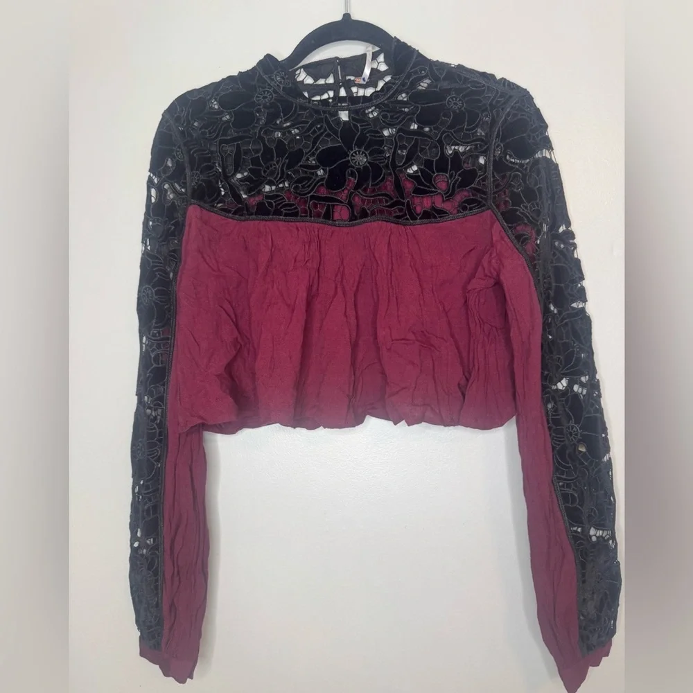 Free People Black and Burgundy Lace Crop Top